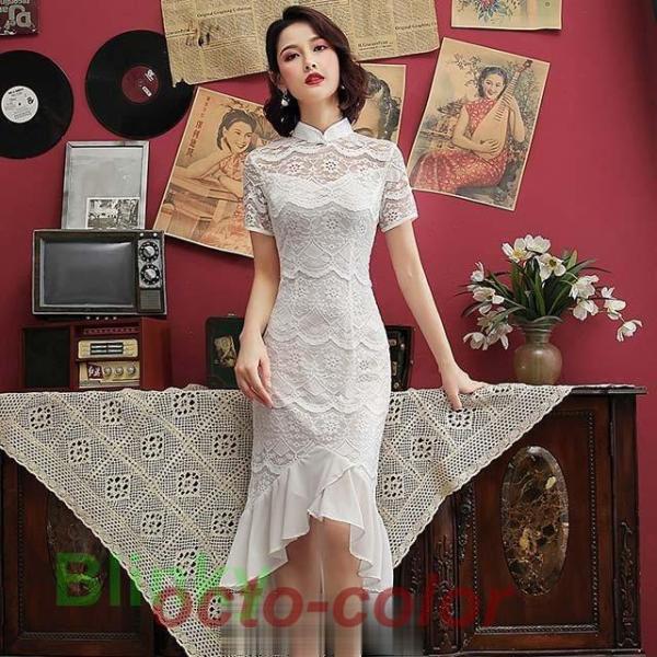 チャイナドレス 白 ホワイト レースドレス 立ち襟 半袖 着痩せ マーメイドドレス フレア お洒落 ...