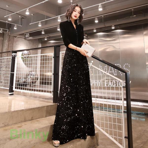 ロングドレス 母親 結婚式 演奏会用ドレス 袖付き 大人 ピアノ 発表会 キラキラ パーティー ワン...