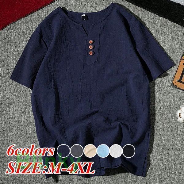 半袖 Tシャツ トップス メンズ 夏服 綿麻 リネンシャツ カジュアルシャツ ゆったり 薄手 20代...