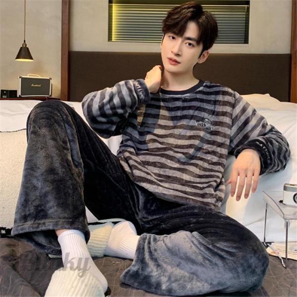 パジャマ メンズ ルームウェア 冬 長袖 上下セット 暖かい 防寒 部屋着 無地 もこもこ ナイトガ...