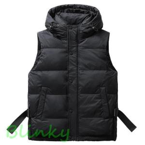 フード付きダウンベスト 黒 メンズ ダウンベスト 光沢 フード付き 裏地プリント ボリュームネック