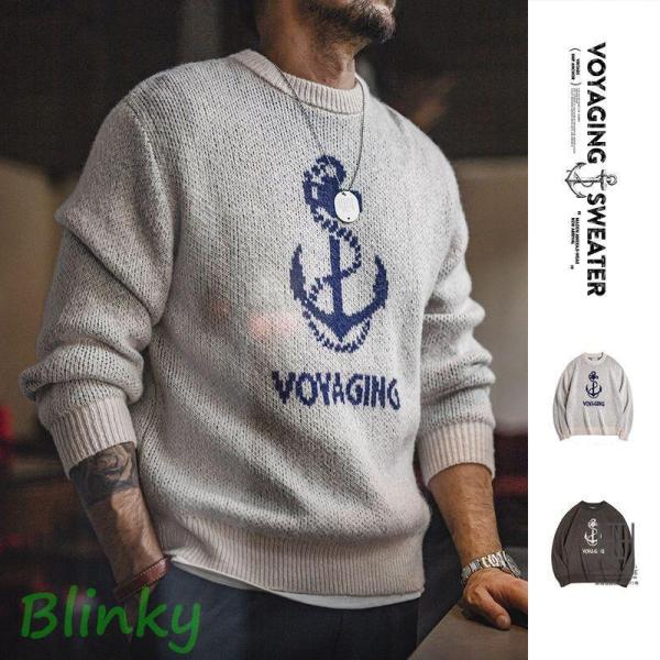 ニット メンズ 長袖 セーター リブ ジャカード 錨 イカリ模様 英文字 ウール混 トップス クルー...