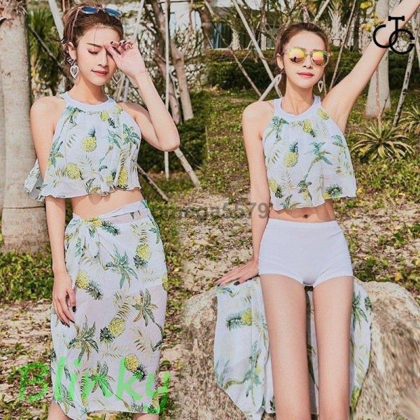 水着 3点セット キャミソール パレオ 体型カバー ビキニ プリント ホルターネック リゾート レデ...