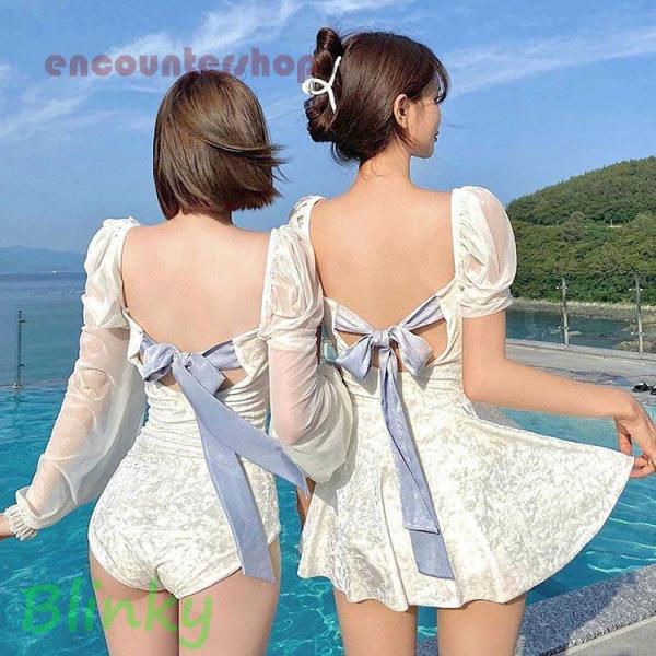 水着 レディース 体型カバー 水着ワンピース型 白レース リボン サロペット水着 半袖/長袖 ノキニ...