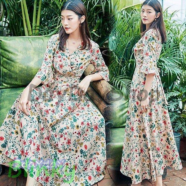ワンピース レディース 夏 40代  シフォン 花柄 マキシワンピ ロング丈 5分袖 Vネック リゾ...