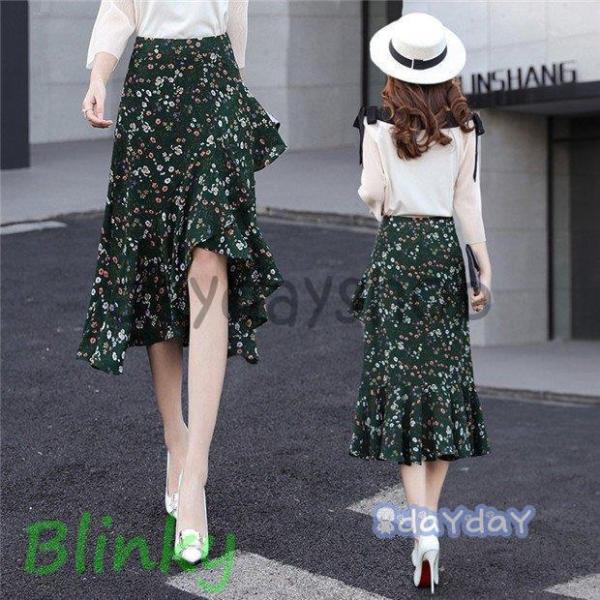 シフォンスカート マキシ丈 フレアスカート ロングスカート レディース プリント柄 花柄 マキシ丈ス...
