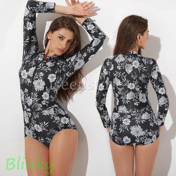 フィットネス 水着 花柄 レディース オールインワン 長袖モノキニ体型カバー ラッシュガード UVカ...