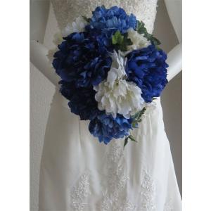 商い アートフラワー 造花 ブーケ ブルー ホワイト芍薬ブーケ ヘッド花付き
