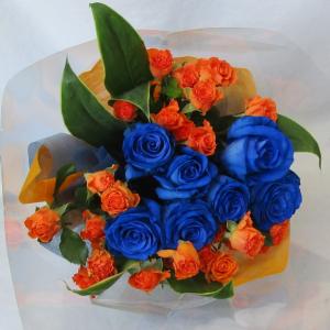 ブルローズーとオレンジバラの花束 ブルー＆オレンジローズブーケ　青いバラ　ブルーローズ　バラの花束　結婚祝い　誕生日｜bloomart