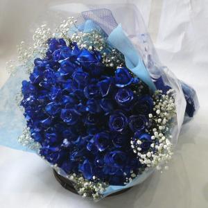 バラ/シルバーラメ　ブルーローズ100本＆かすみ草花束　