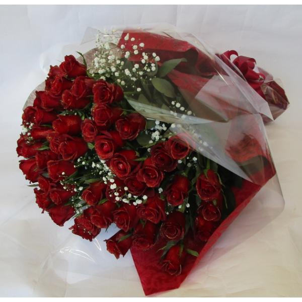 バラの花束/赤バラ60本＆カスミ草花束　ゴールドラメ付き　ブーケ