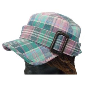 ワークキャップ メンズ   帽子 チェック バックル付(ピンク×グリーン) レディース ワークキャッ...