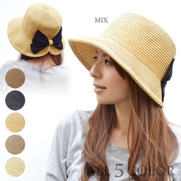 ハット レディース   帽子 ペーパーブレード バックリボン つば広 日よけ 春夏