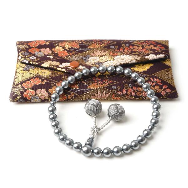 [EsuonHappiness] 数珠 女性用 貝パール 西陣織金襴 数珠袋付き 梵天房 黒貝 パー...