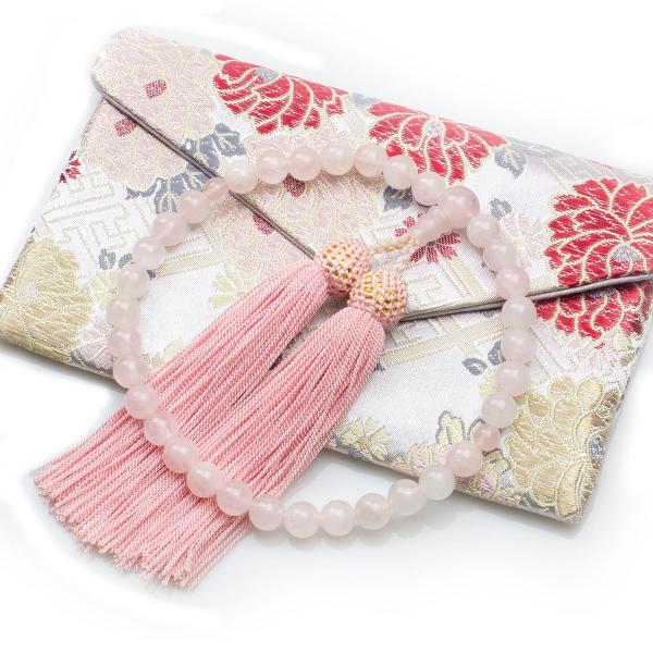 数珠 女性用 紅水晶（ローズクォーツ） 8mm玉 正絹梵天房 マグネット式数珠袋付き すべての宗派で...