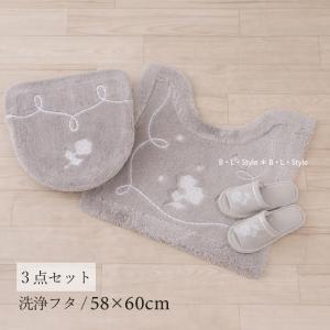 トイレマットセット 3点 約58×60cm トイレマット+洗浄便座用フタカバー+スリッパ レイシーローズ グレー センコー｜blstyle