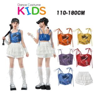 オレンジ イエロー パープル レッド ブルー 女の子 ギャル チアガール キッズ ダンス衣装 セットアップ トップス キャミソール 応援団 発表会 スカート キュロッ