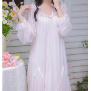 お姫様 ネグリジェ 大人 長袖 ロング丈 ネグリジェ ドレス チュール ワンピース パジャマ 柔らかい ゆったり 大きめ ダイヤモンドネック 裾フリル ナイティドレ
