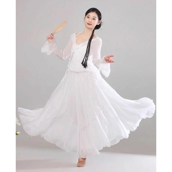 レディース ダンス衣装 3点セット 大きい裾 広がるスカート 長袖 蝶々 ブラウス フリル付き ふん...
