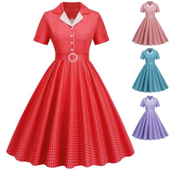 レトロドレス チェック柄ワンピースシャツワンピース4色 大きい裾 細身フレアワンピース 半袖可愛いド...