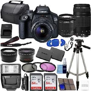 Canon EOS 2000D (Rebel T7) DSLR Camera w/Canon EF-S 18-55mm F/3.5-5.6 Zoom Lens + 75-300mm III Lens 4 Lens Kit with 2X 64GB Memory Cards, 3 Pi並行輸入