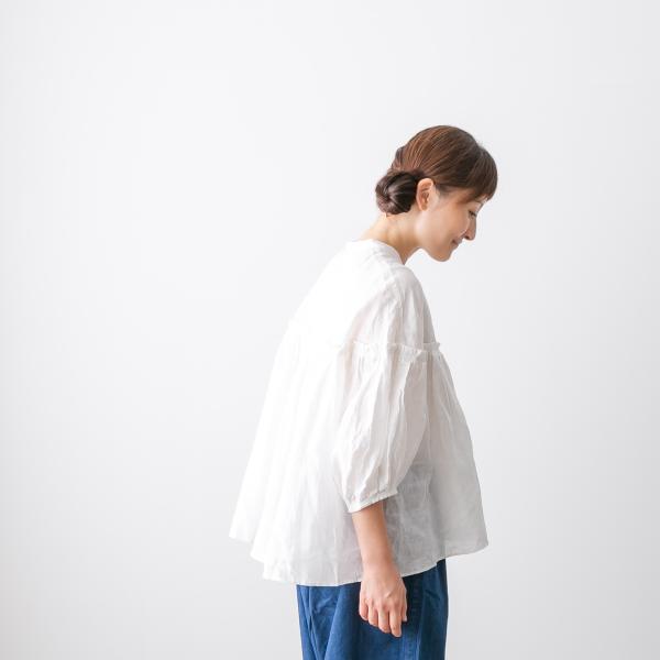ユニヴァーサル ティシュ フレンチリネン コットン ギャザー ボリューム ブラウス 七分袖 ホワイト...