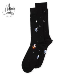 アルフレッドゴンザレス 靴下 メンズ レディース ブランド おしゃれ ソックス クルーソックス 宇宙 宇宙飛行士 スペース 総柄 長め かわいい 黒｜blueism-y