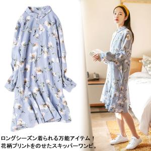 春ワンピ スキッパーワンピ シャツワンピ 綿麻ワンピ フレア...
