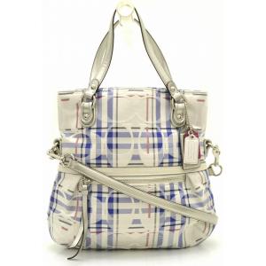 バッグ Coach コーチ ポピー タータン フォルドオーバー シグネチャー 2way ショルダーバッグ ホワイト トートバッグ マルチ 21139 サテンキャンバス U セール価格 ブルー