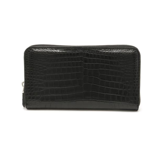 クロコダイル ワニ革 レザー ラウンドファスナー 長財布 ブラック 黒 シルバー金具