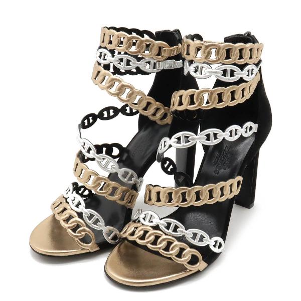 HERMES エルメス シェーヌダンクル ブーツサンダル 9.5cm ヒール スエード レザー ブラ...