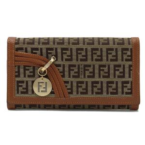 FENDI フェンディ ズッキーノ 2つ折長財布 二つ折り長財布 キャンバス レザー カーキベージュ キャメル ゴールド金具｜blumin