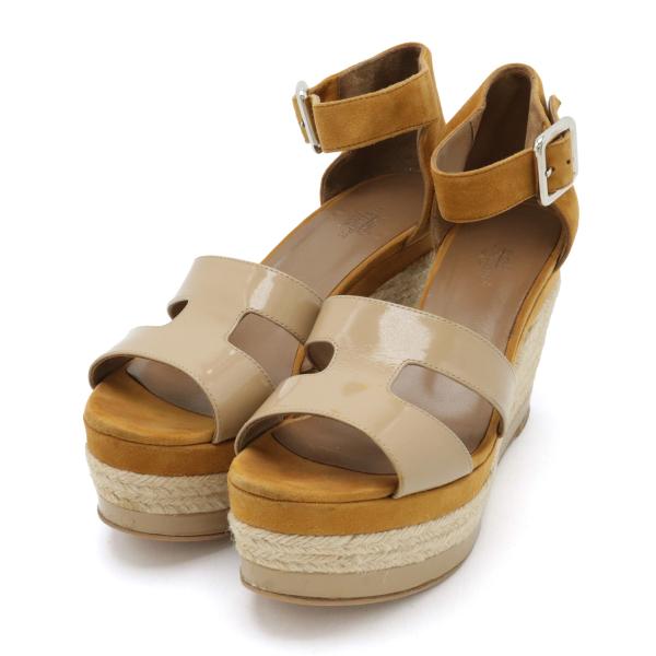 HERMES エルメス イラナ エスパドリーユ ウェッジソール サンダル リネン 麻 エナメル スエ...