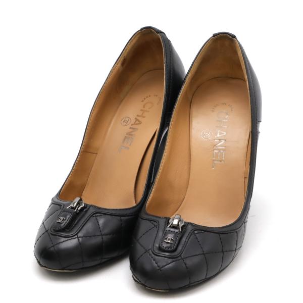 CHANEL シャネル マトラッセ ジップ パンプス チャンキーヒール ハイヒール レザー ブラック...