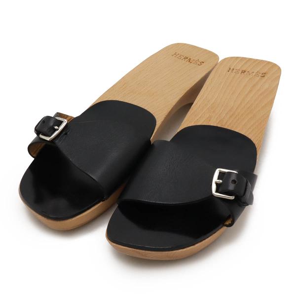 HERMES エルメス ウッドサンダル ミュール ベルトモチーフ レザー ブラック 黒 シルバー金具...