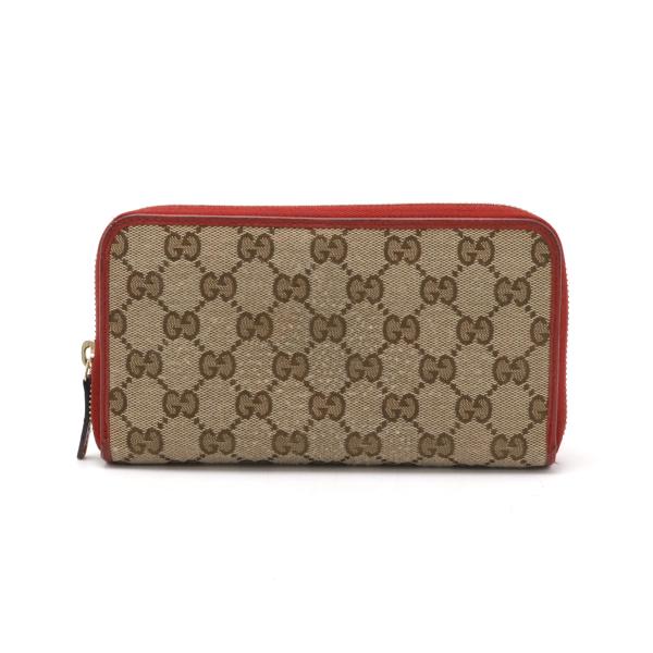 GUCCI グッチ GGキャンバス ラウンドファスナー 長財布 レザー カーキベージュ レッド 赤 ...