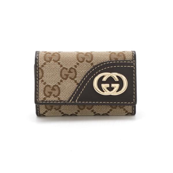 GUCCI グッチ GGキャンバス インターロッキングG 6連キーケース レザー カーキベージュ 茶...