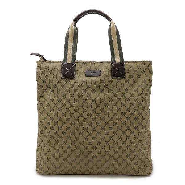 GUCCI グッチ GGキャンバス シェリーライン トートバッグ ラージトート レザー ライトカーキ...