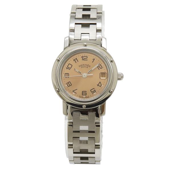 HERMES エルメス クリッパー デイト ピンク文字盤 SS レディース QZ クォーツ 腕時計 ...