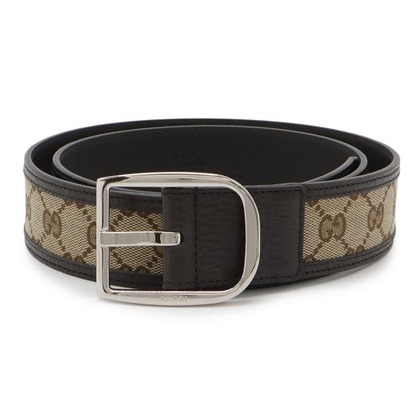 GUCCI グッチ GGキャンバス ベルト レザー カーキベージュ ダークブラウン #95 シルバー...