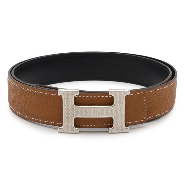 HERMES エルメス Hギヨシェ Hベルト リバーシブル レザー キャメル ライトブラウン ブラッ...