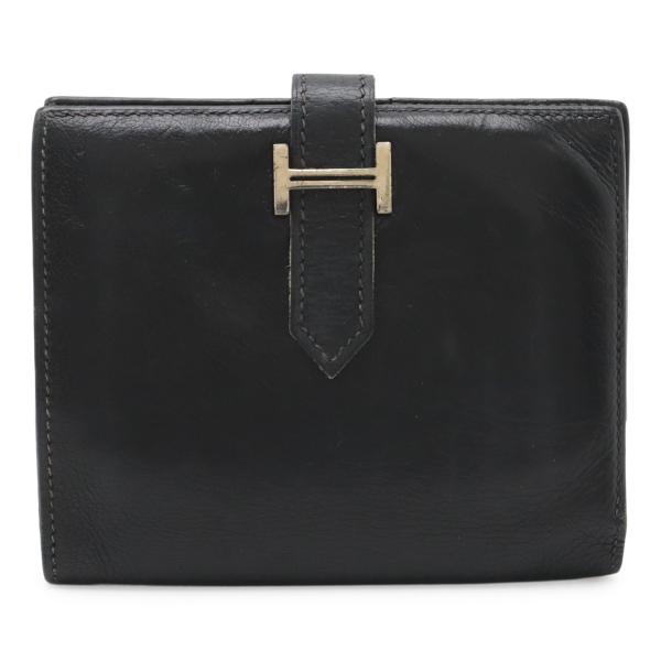 HERMES エルメス ベアンコンパクト 2つ折り財布 二つ折り財布 レザー ブラック 黒 シルバー...