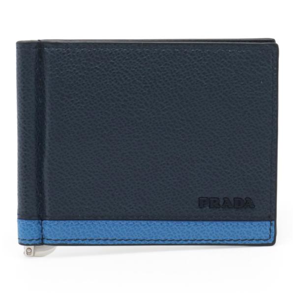 PRADA プラダ 2つ折財布 二つ折り札入れ マネークリップ式 ビルクリップ レザー ネイビー 紺...