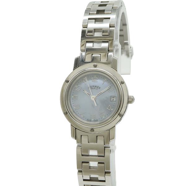 HERMES エルメス クリッパー ナクレ デイト ブルーシェル文字盤 SS レディース QZ クォ...