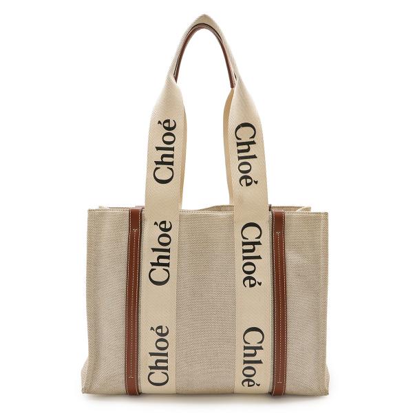Chloe クロエ Woody ウッディ ミディアム トートバッグ ショルダーバッグ リネンキャンバ...