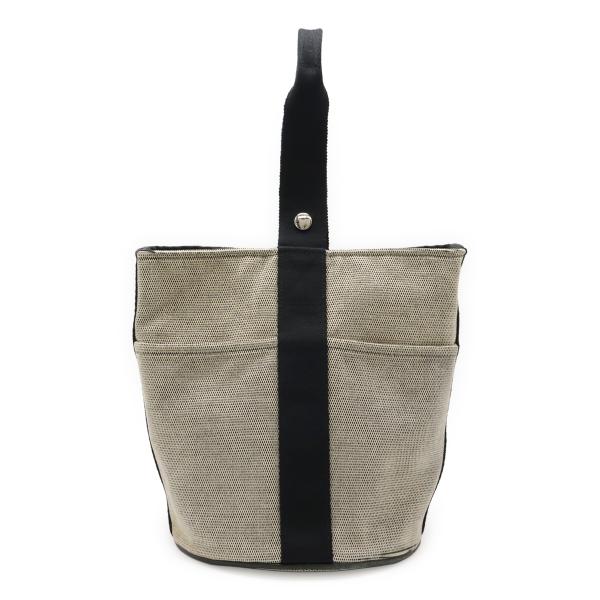 HERMES エルメス サクソーMM ハンドバッグ トワルアッシュ ベージュ ブラック 黒 シルバー...