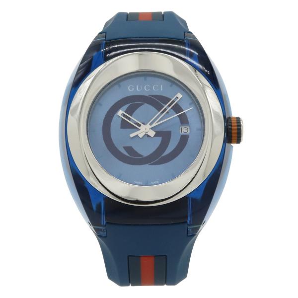 GUCCI グッチ シンク ブルー文字盤 SS ラバー インターロッキングG シェリー メンズ クォ...