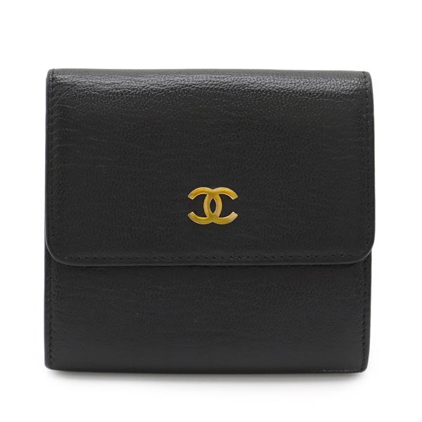 CHANEL シャネル ココマーク 3つ折財布 三つ折り Wホック財布 ダブルホック レザー ブラッ...