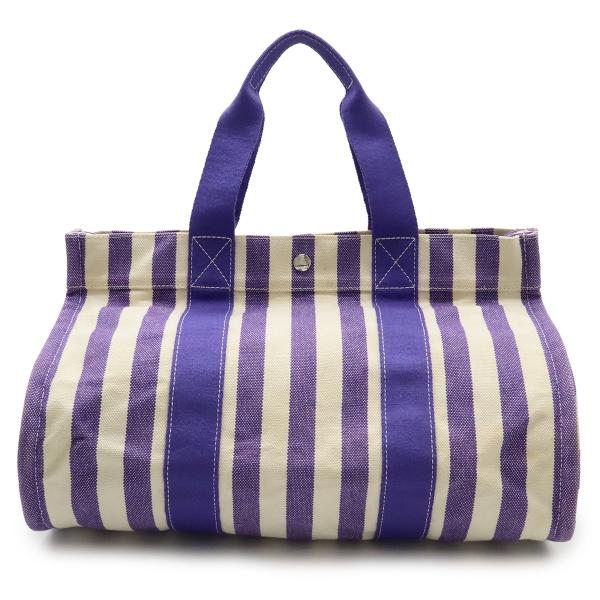 HERMES エルメス カンヌMM トートバッグ ハンドバッグ ストライプ キャンバス パープル 紫...