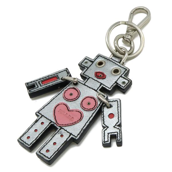PRADA プラダ ロボット ハート キーホルダー バッグチャーム キーリング レザー メタリックシ...